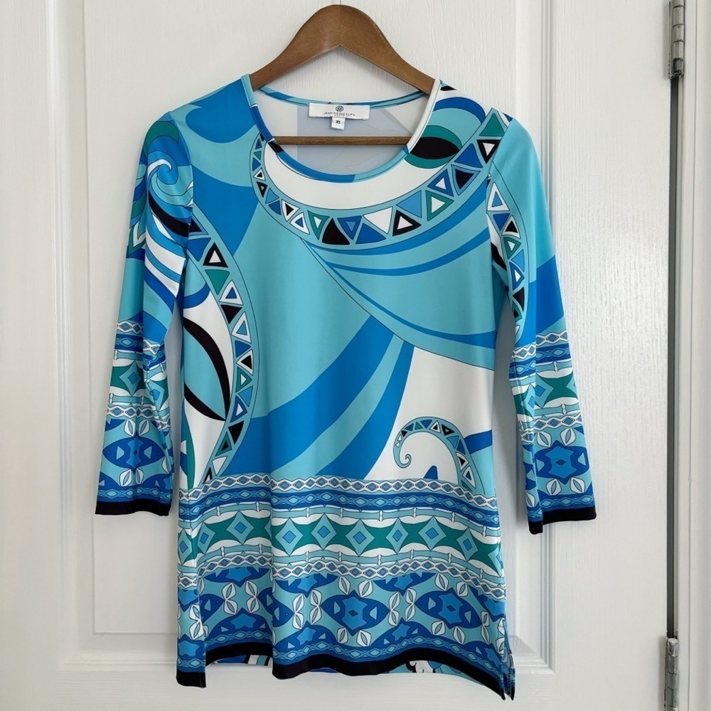 Jean Pierre Klifa Blue Geometric Print Tunic Top XS Summer Resortwear